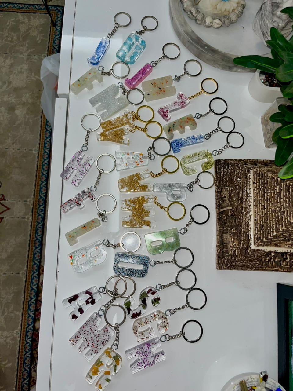 Custom Resin Initial Keychain – Handmade Alphabet Letter Bag Charm with Gold Leaf & Florals