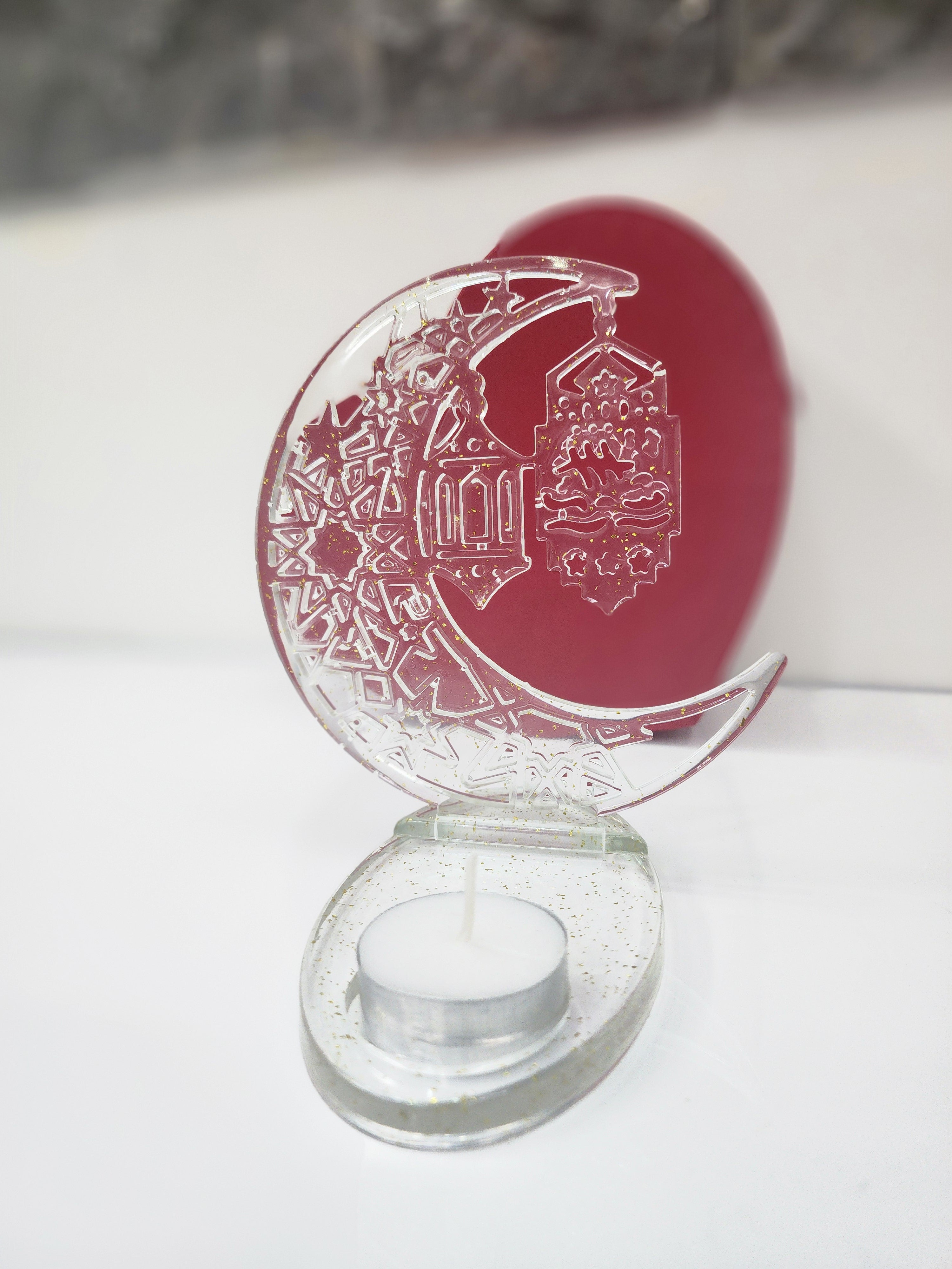 Handmade Ramadan Lantern & Crescent Moon Resin Stand – Elegant Gold Glitter Candle Holder & Home Decor